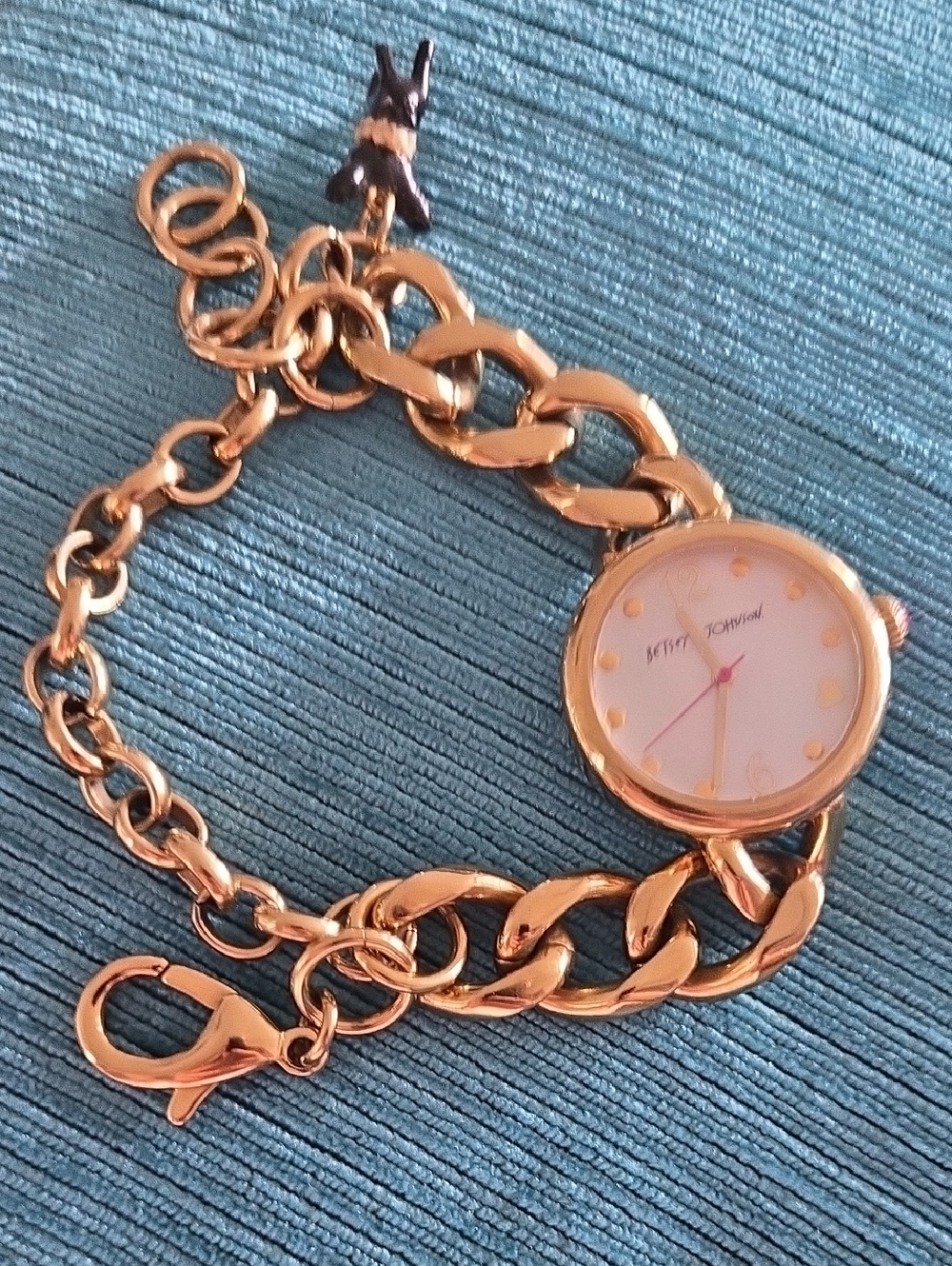 RARE Vintage Betsey Johnson Gold Tone Charm Bracelet Watch AS IS Mother Of Pearl
